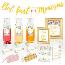 Load image into Gallery viewer, COTIER Reusable Mimosa Bar Supplies Decorations Kit - Mimosa Bar Sign, But First Mimosas Banner - Bridal Shower Decorations, Baby Shower, Brunch Decorations, Bubbly Bar, Engagement, Bachelorette

