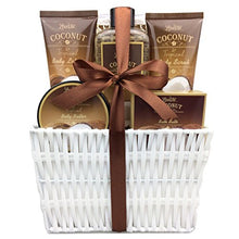 Load image into Gallery viewer, Spa Gift Basket and Bath Set with Refreshing Coconut Fragrance by Lovestee - Bath and Body Gift Set Includes Shower Gel Body Lotion Body Scrub Body Butter Bath Salt and Loofah Back Scrubber
