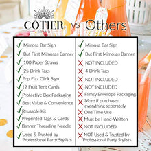 Load image into Gallery viewer, COTIER Reusable Mimosa Bar Supplies Decorations Kit - Mimosa Bar Sign, But First Mimosas Banner - Bridal Shower Decorations, Baby Shower, Brunch Decorations, Bubbly Bar, Engagement, Bachelorette
