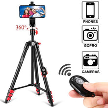 Load image into Gallery viewer, Fufly Phone Tripod, Adjustable Tripod for Phone &amp; Camera, 54in Travel Video Tripod Phone Stand with Bluetooth Remote &amp; Smartphone Holder Fit iPhone Xs/Xr/Xs Max/X/8/Galaxy/Huawei/Samsung/GoPro Camera

