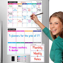 Load image into Gallery viewer, STYLIO Dry Erase Calendar Whiteboard. Set of 3 Magnetic Calendars for Refrigerator: Monthly, Weekly Organizer &amp; Daily Notepad. Wall &amp; Fridge Family Calendar. 4 Fine Point Markers &amp; Eraser Included
