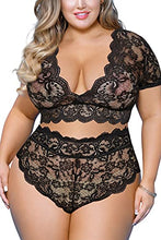 Load image into Gallery viewer, Plus Size 2 Piece Lingerie Set for Women Sexy Deep V Allover Lace Bra and Panty High Waist Nightwear Clubwear (T005,Black,2XL)
