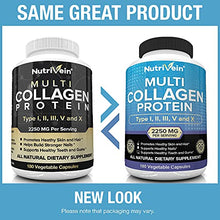 Load image into Gallery viewer, Nutrivein Multi Collagen Pills 2250mg - 180 Collagen Capsules - Type I, II, III, V, X - Anti-Aging, Healthy Joints, Hair, Skin, Bones, Nails, Hydrolyzed Protein Collagen Peptides for Woman and Men
