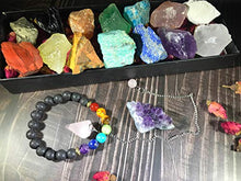 Load image into Gallery viewer, Tesh Care Chakra Therapy Starter Collection 17 pcs Healing Crystals kit, 7 Raw Chakra Stones,7 Colorful Gemstones, Amethyst,Rose Quartz Pendulum,Chakra Lava Bracelet,Dry Roses,Guide,COA,Gift Ready
