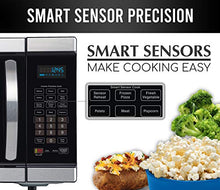 Load image into Gallery viewer, Farberware Black FMO11AHTBSJ 1.1 Cu. Ft 1100-Watt Microwave Oven with Smart Sensor Cooking, Inverter Technology, ECO Mode and Blue LED Lighting, Black Stainless Steel
