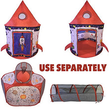 Load image into Gallery viewer, Playz 3pc Rocket Ship Astronaut Kids Play Tent, Tunnel, &amp; Ball Pit with Basketball Hoop Toys for Boys, Girls, Babies, and Toddlers - STEM Inspired Educational Galactic Spaceship Design w/ Planets
