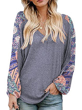 Load image into Gallery viewer, Beyove Women's Print Patchwork Shirts Color Block Long Puff Sleeve Loose Tops Grey

