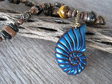 Load image into Gallery viewer, 22" Carved Pyrite Ammonite Pendant Necklace, Tiger Eye Womens Mens Jewelry, Titanium Blue, Antiqued Copper
