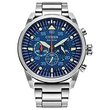 Load image into Gallery viewer, Citizen Men's Eco-Drive Weekender Avion Chronograph Field Watch in Stainless Steel, Blue Dial (Model: CA4211-72L)
