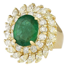 Load image into Gallery viewer, 8.57 Carat Natural Green Emerald and Diamond (F-G Color, VS1-VS2 Clarity) 14K Yellow Gold Luxury Cocktail Ring for Women Exclusively Handcrafted in USA
