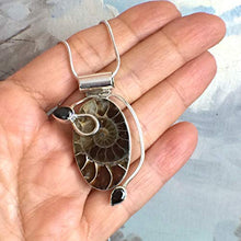 Load image into Gallery viewer, Authentic Well-Preserved AMMONITE Fossil and Black Onyx Gemstones, 925 Sterling Silver, Designer Pendant (1.5" Long) Jewelry with FREE Silver Chain.
