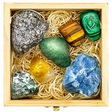 Load image into Gallery viewer, Crystalya Premium Grade Crystals and Healing Stones for Abundance and Prosperity in Wooden Box - Malachite, Pyrite, Citrine, Aventurine, Blue Calcite, Tree Agate, Tiger's Eye Gemstones + Info Guide
