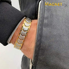 Load image into Gallery viewer, MagnetRX® Ultra Strength Magnetic Bracelet - Arthritis Pain Relief &amp; Carpal Tunnel Relief Magnetic Therapy Bracelets for Men - Adjustable with Sizing Tool (Silver &amp; Gold)
