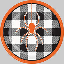 Load image into Gallery viewer, Halloween Party Supplies, Spider &amp; Buffalo Plaid Design, 16 Guests, 129 Pieces, Disposable Paper Dinnerware, Plate, Napkin, Cups, Cutlery and Table Cover Set
