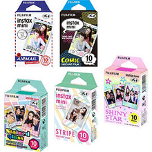 Load image into Gallery viewer, Fujifilm Instax Mini 5 Pack Bundle Includes Stained Glass, Comic, Stripe, Shiny Star, Airmail. 10 sheets X 5 Pack = 50 Sheets.
