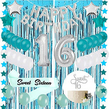 Load image into Gallery viewer, Sweet 16 Sixteenth 16th Birthday Decorations Turquoise Blue Party Balloons Supplies 30" Silver Number"16" Happy Birthday Balloons Tinsel Curtain, Sweet 16 Silver Cake Topper
