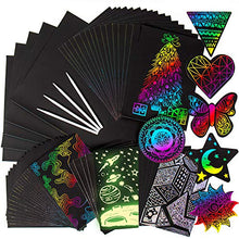 Load image into Gallery viewer, Made By Me Horizon Group USA Scratch Art 60 Pieces Variety Pack. Glow in The Dark, Holographic, Rainbow &amp; Die Cut Sheets. 4 Scratching Tools Included.Black Scratch it Off Art &amp; Crafts Sheets
