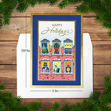 Load image into Gallery viewer, Designer Greetings Interfaith Boxed Christmas Cards, Apartment Windows with Christmas and Hanukkah Holiday Symbols (Box of 18 Gold Foil Embossed Cards with Envelopes)
