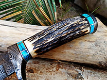 Load image into Gallery viewer, Black Mamba Knives BMK-111 Persian Yuma 9.5 Long 4.5 Blade 7 Ounce Damascus Hunting Fixed Blade Knife With Stag Antler and Turquoise Spacers
