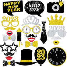 Load image into Gallery viewer, New Years Eve Photo Booth Props 2023 - Glitter, Pack of 25 | New Years Photo Booth Props 2023 | New Years Eve Party Supplies 2023 | NYE Photo Booth Props 2023, Happy New Year Decorations 2023 Props
