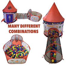 Load image into Gallery viewer, Playz 3pc Rocket Ship Astronaut Kids Play Tent, Tunnel, &amp; Ball Pit with Basketball Hoop Toys for Boys, Girls, Babies, and Toddlers - STEM Inspired Educational Galactic Spaceship Design w/ Planets
