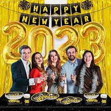 Load image into Gallery viewer, Huge, New Years Eve Party Supplies 2023 - Pack of 108 | Glitter Happy New Year Banner, 10 Feet Gold Foil Fringe Curtain | 40 Inch, 2023 Balloons Gold | New Years Plates and Napkins and Cups, Serves 25
