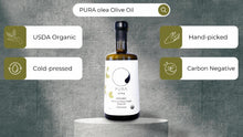 Load image into Gallery viewer, PURA olea PREMIUM Organic Extra Virgin Olive Oil, First Harvest, Cold Pressed, Unfiltered, Small Estate Sourced, Very High in Polyphenols and Fruity Taste 16.9 FL. OZ. (500 mL)
