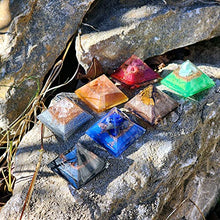 Load image into Gallery viewer, 7 mini pyramids for self-care, harmony, meditation, yoga, spirituality, crystal decor, balance workspace made of Orange calcite, Shungite, Lapis, Quartz Crystal, Chrysoprase, Bronzite, Rhodonite
