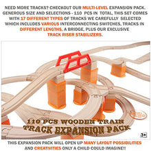 Load image into Gallery viewer, Orbrium Toys Multi-Level 110 Piece Wooden Train Bulk Track Expansion Pack with Stackable Track Riser Stabilizers Compatible with Thomas The Tank Engine Brio Chuggington Melissa &amp; Doug Imaginarium Set
