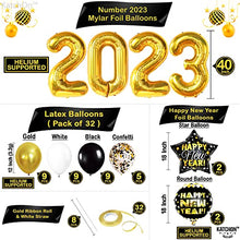 Load image into Gallery viewer, Huge, New Years Eve Party Supplies 2023 Set - Pack of 44 | Gold 2023 Balloons, 40 Inch | Happy New Year Backdrop, Happy New Year Decorations 2023 | Happy New Year Balloons for NYE Decorations 2023
