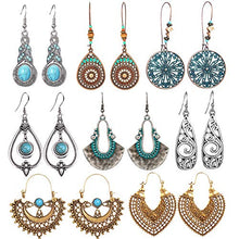 Load image into Gallery viewer, SUNNYOUTH 8 Pairs Vintage Statement Drop Dangle Earrings Bohemian National Style Hollow Water Drop Heart Shaped Alloy Long Boho Dangle Earrings for Women Girls

