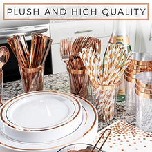 Load image into Gallery viewer, SIRSIMON 250 Piece Disposable Rose Gold Plastic Dinnerware Set - 50 Rose Gold Plastic Plates - 25 Rose Gold Plastic Silverware - 25 RoseGold Cups and Straws - 50 Fancy Napkins, Wedding or Party of 25
