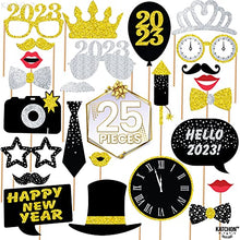 Load image into Gallery viewer, New Years Eve Photo Booth Props 2023 - Glitter, Pack of 25 | New Years Photo Booth Props 2023 | New Years Eve Party Supplies 2023 | NYE Photo Booth Props 2023, Happy New Year Decorations 2023 Props
