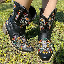Load image into Gallery viewer, Fullwei Cowboy Booties for Women,Women Embroidery Cowgirl Wide Combat Ethnic Ankle Boot Ladies Casual Pull-Up Western Low Heels Short Motorcycle Riding Walking Shoe (Black, 9)

