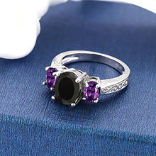 Load image into Gallery viewer, Gem Stone King 2.53 Ct Oval Black Onyx &amp; Purple Amethyst 925 Sterling Silver 3-Stone Gemstone Women's Ring (Size 5)

