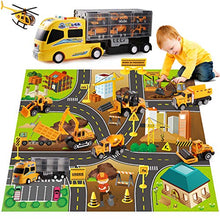 Load image into Gallery viewer, DOLIVE Construction Die-cast Car Toys Kids Alloy Metal Vehicles Play Mat Set,Excavator Cement Dump Truck Tractor Helicopter,Carrier Truck with Sounds n Lights, Gift Pack for 3 4 5 Year Old Boys Girls

