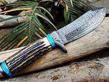 Load image into Gallery viewer, Black Mamba Knives BMK-111 Persian Yuma 9.5 Long 4.5 Blade 7 Ounce Damascus Hunting Fixed Blade Knife With Stag Antler and Turquoise Spacers
