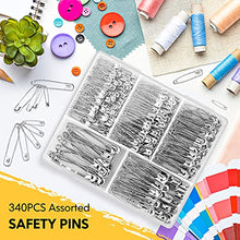 Load image into Gallery viewer, Safety Pins Assorted, 340 PCS Nickel Plated Steel Large Safety Pins Heavy Duty, 5 Different Sizes Safety Pin, Safety Pins Bulk, Small Safety Pins for Pinning, Sewing, Jackets, Clothes, Crafts

