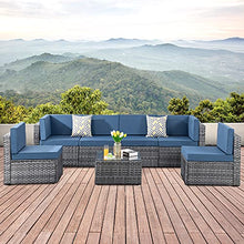 Load image into Gallery viewer, SUNLEI 7pcs Patio Outdoor Furniture Sets Conversation Set,Low Back All-Weather Rattan Sectional Sofa with Tea Table&amp;Washable Couch Cushions(Silver Rattan)（Aegean Blue）
