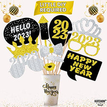 Load image into Gallery viewer, New Years Eve Photo Booth Props 2023 - Glitter, Pack of 25 | New Years Photo Booth Props 2023 | New Years Eve Party Supplies 2023 | NYE Photo Booth Props 2023, Happy New Year Decorations 2023 Props
