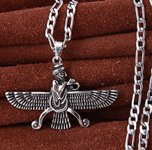 Load image into Gallery viewer, Asoodehdelan Large Double Sided Antique Silver Pt Farvahar Necklace Iranian Gift Persian Iran Faravahar Chain (24" Chain)
