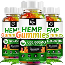Load image into Gallery viewer, (3 Pack) Hemp Gummies 600,000mg Extra Strength -180ct - Promotes Focus Calm, Sleep and Calm Mood, 100% Natural Hemp Oil Extract Infused Gummies, Vegan, Non-GMO, Gluten-Free
