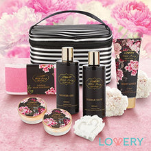 Load image into Gallery viewer, Home Spa Gift Basket, Luxury 8 Piece Bath &amp; Body Set For Men and Women, Fresh Peony Scent - Contains Shower Gel, Bubble Bath, Lotion, Bath Salt, Body Scrub, Bath Soap, Back Scrubber &amp; Cosmetic Bag

