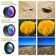 Load image into Gallery viewer, 5 in 1 Phone Camera Lens Kit - Optical Glass Attachment Set - 2X Zoom Telephoto, 198 Fisheye, 0.63X Wide Angle, 15X Macro, CPL Filter with Universal Clip Adapter for Cell Phones and Tablets (Black)
