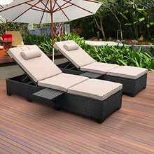 Load image into Gallery viewer, Outdoor PE Wicker Chaise Lounge - 2 Piece Patio Black Rattan Reclining Chair Furniture Set Beach Pool Adjustable Backrest Recliners with Khaki Cushions

