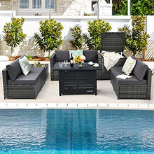Load image into Gallery viewer, Tangkula 9 Pieces Patio Rattan Furniture Set, Patiojoy Sectional Sofa Set w/Fire Pit Table, Storage Box, Coffee Table, Outdoor Wicker Conversation Set w/ 42” Propane Fire Pit Table (Grey)

