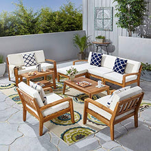 Load image into Gallery viewer, Great Deal Furniture Sally 7-Seater Sectional Sofa Set for Patio with Loveseat, Club Chairs, Ottoman, and Coffee Tables, Acacia Wood, Teak Finish with Beige Outdoor Cushions

