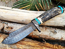 Load image into Gallery viewer, Black Mamba Knives BMK-111 Persian Yuma 9.5 Long 4.5 Blade 7 Ounce Damascus Hunting Fixed Blade Knife With Stag Antler and Turquoise Spacers
