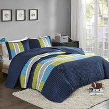 Load image into Gallery viewer, Comfort Spaces 3 Piece Quilt Coverlet Bedspread All Season Lightweight Hypoallergenic Pipeline Colorblock Kids Bedding Set, Full/Queen, Pierre Navy/Blue Stripe
