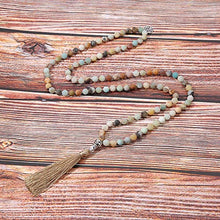 Load image into Gallery viewer, BALIBALI 108 Mala Beads Necklace Semi-Precious Gem Stones Meditation Necklace 108 Hand Knotted Japa Mala Beaded Tassel Necklace with Tree of Life Pendant
